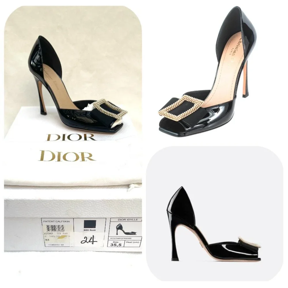 NIB Auc Dior Dior Idylle patent calfskin white resin pearls Bow Peep Toe heels